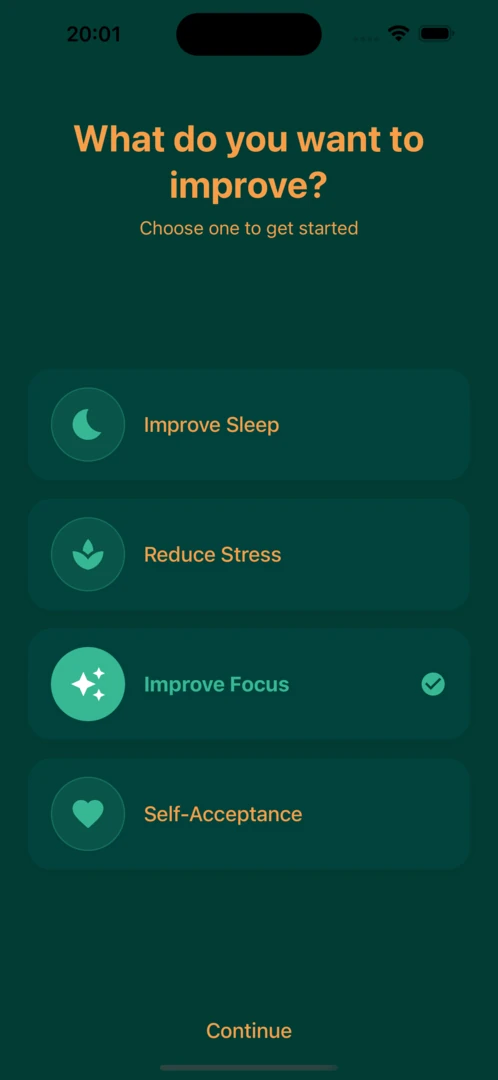 Pulse app goal selection – customize your breathing practice on iOS