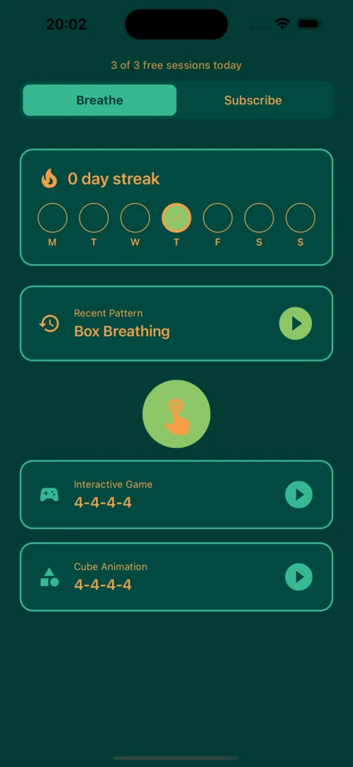 Pulse breathing app home screen – daily breathing exercises dashboard