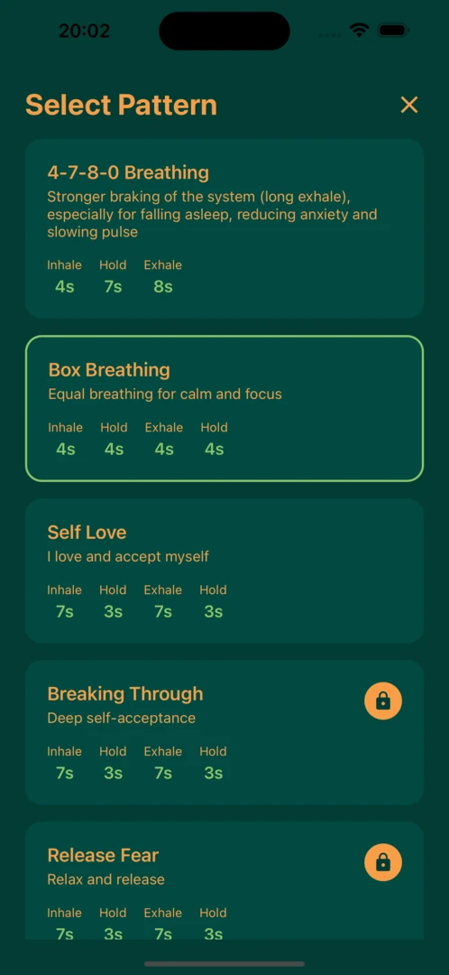 Pulse app breathing patterns – 4-7-8 box breathing techniques for iOS